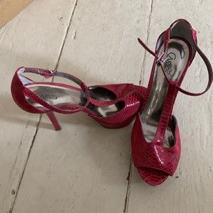 Fuchsia T-Strap snakeskin heels